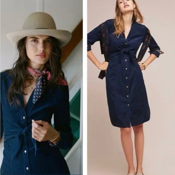 Maeve Dresses & Skirts - Anthropologie Maeve Navy WinchesterTie Front Corduroy Dress 0